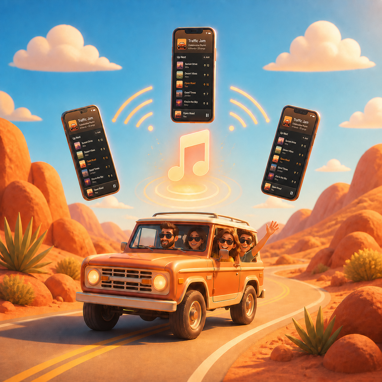 Friends sharing music on a road trip